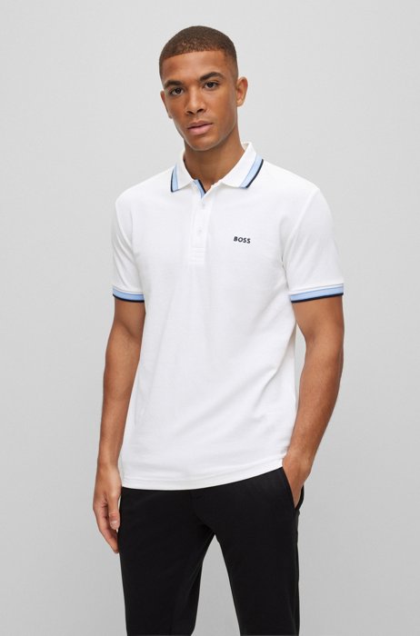 Organic-cotton polo shirt with curved logo, White