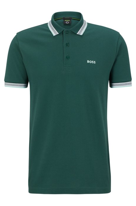 Organic-cotton polo shirt with curved logo, Green