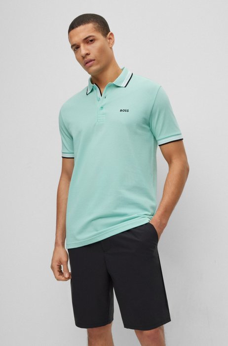 Organic-cotton polo shirt with curved logo, Light Green