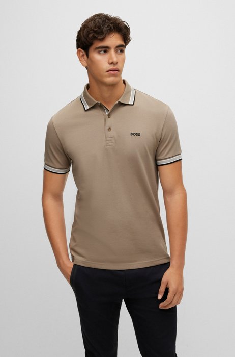 Organic-cotton polo shirt with curved logo, Khaki