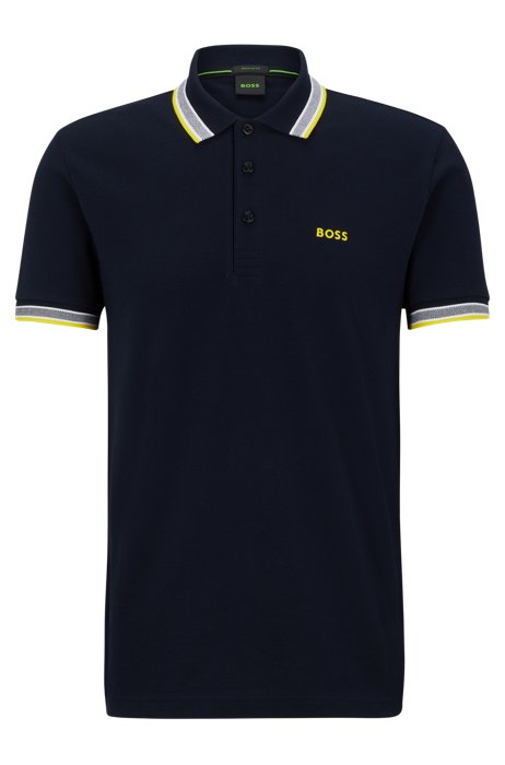 Organic-cotton polo shirt with curved logo, Dark Blue