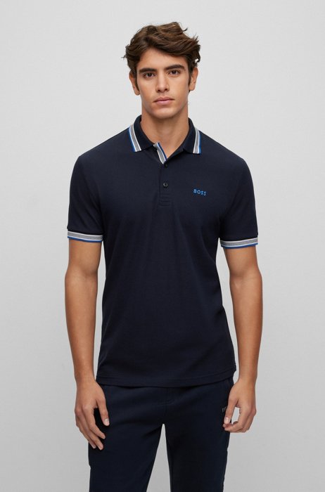 Organic-cotton polo shirt with curved logo, Dark Blue