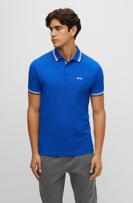 Organic-cotton polo shirt with curved logo, Blue