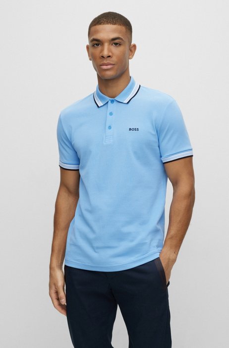 Organic-cotton polo shirt with curved logo, Light Blue