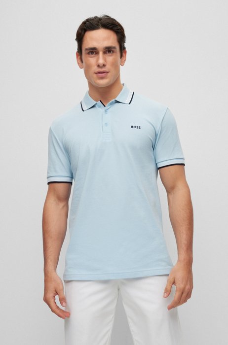 Organic-cotton polo shirt with curved logo, Light Blue