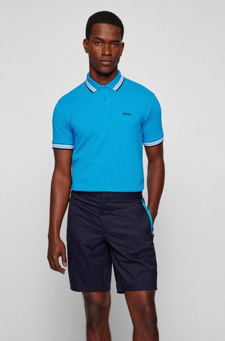 Organic-cotton polo shirt with curved logo, Blue