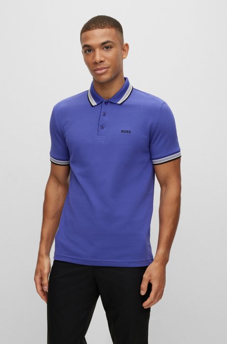 Organic-cotton polo shirt with curved logo, Dark Purple