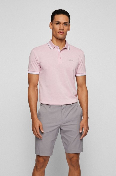 Organic-cotton polo shirt with curved logo, light pink