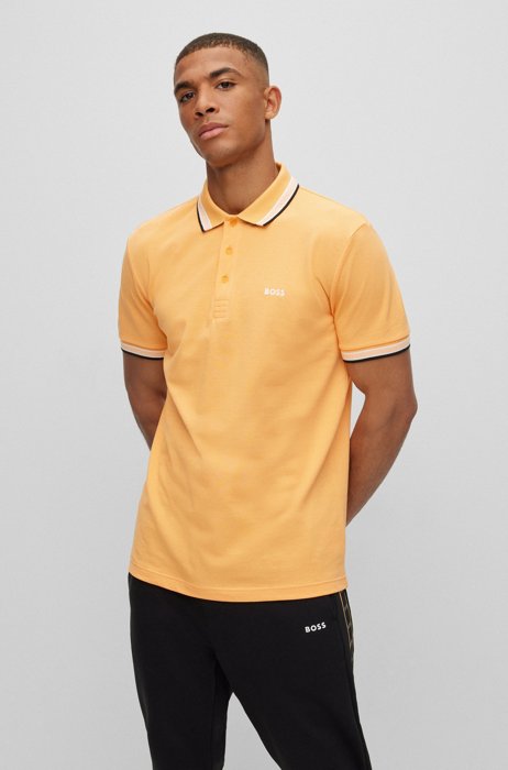 Organic-cotton polo shirt with curved logo, Light Orange