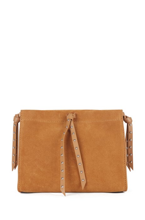 Crossbody bag in suede with studded leather laces, Brown