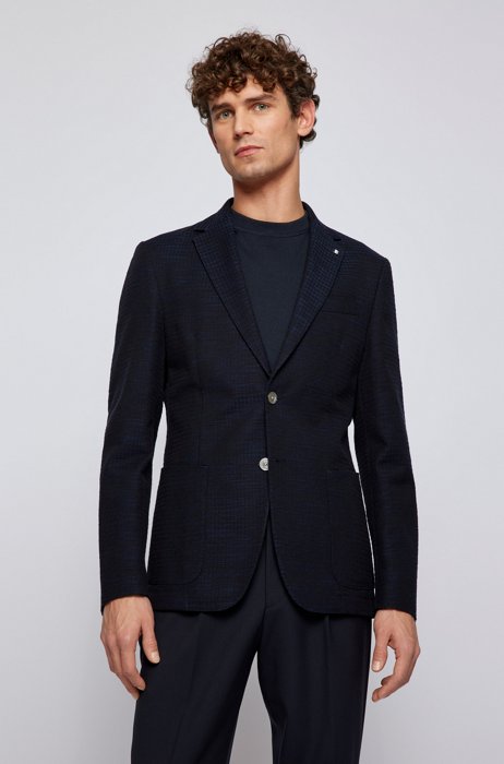 Slim-fit jacket in patterned cotton, Dark Blue
