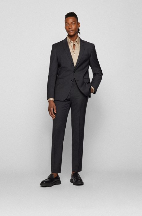 Slim-fit suit in patterned virgin-wool serge, Dark Grey