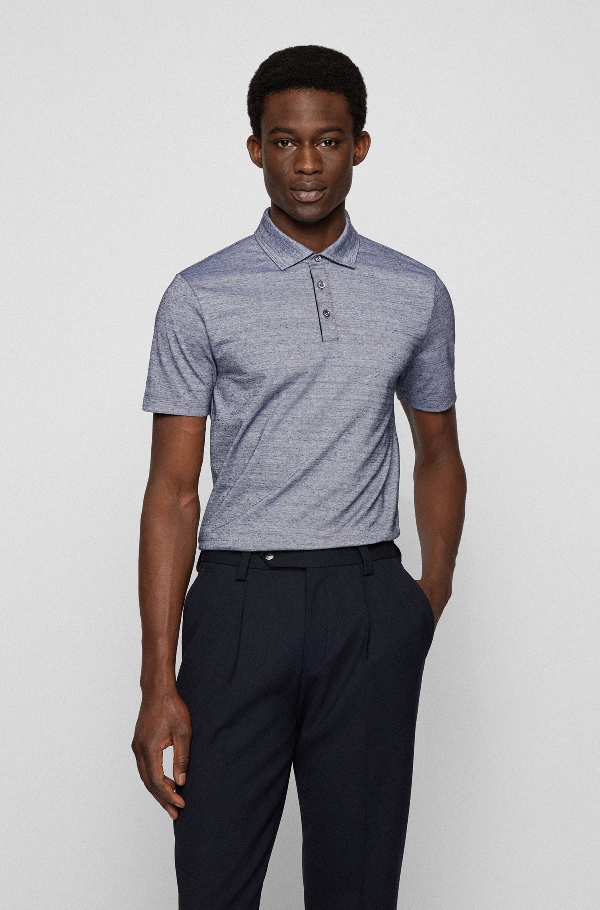 Slim-fit short-sleeved polo shirt with tonal trims, Dark Blue