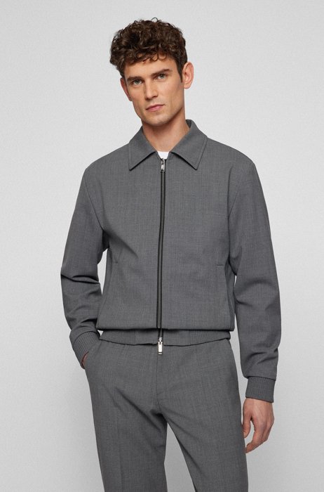 Slim-fit Harrington jacket in melange fabric, Grey