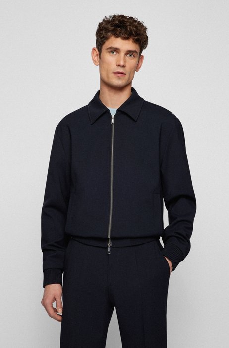 Slim-fit Harrington jacket in melange fabric, Dark Blue