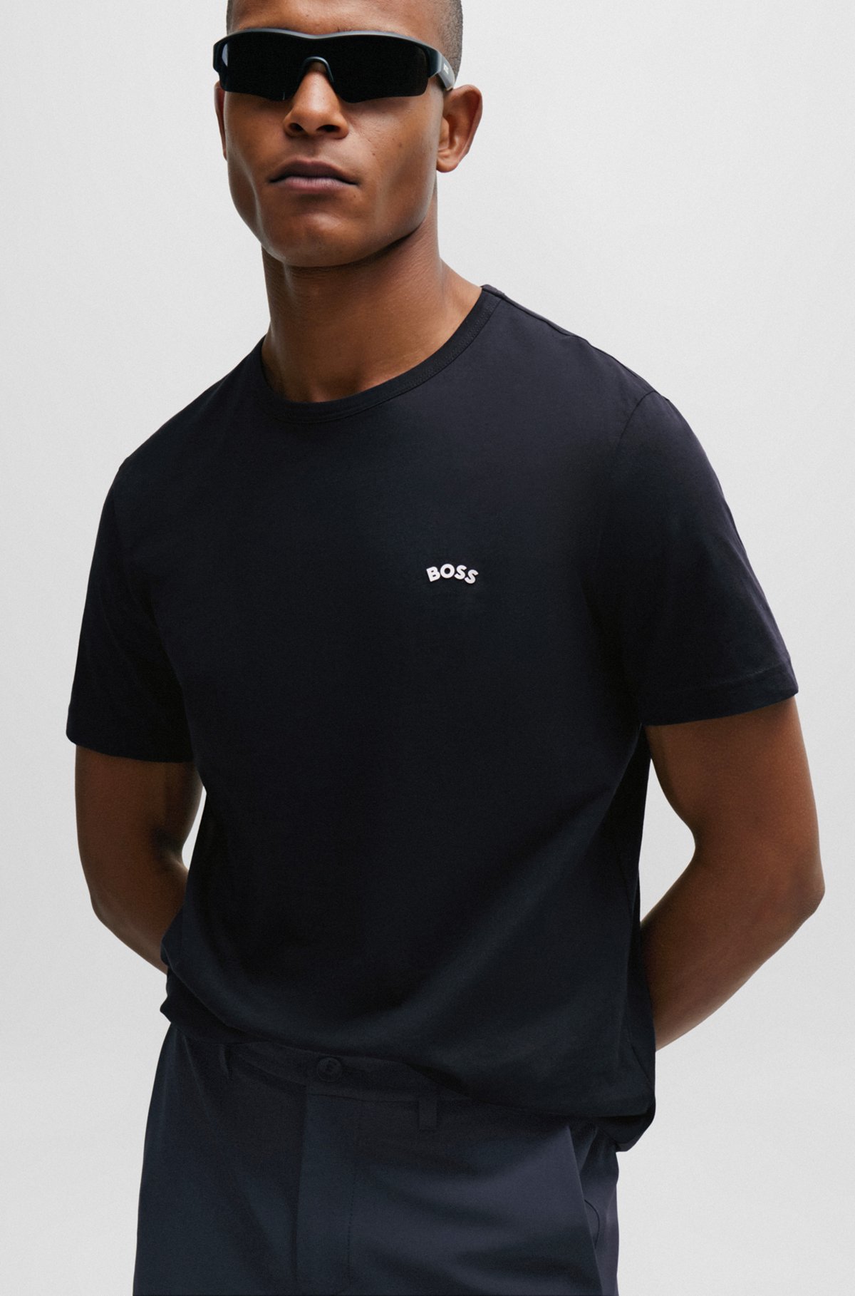 Cotton-jersey T-shirt with curved logo, Dark Blue