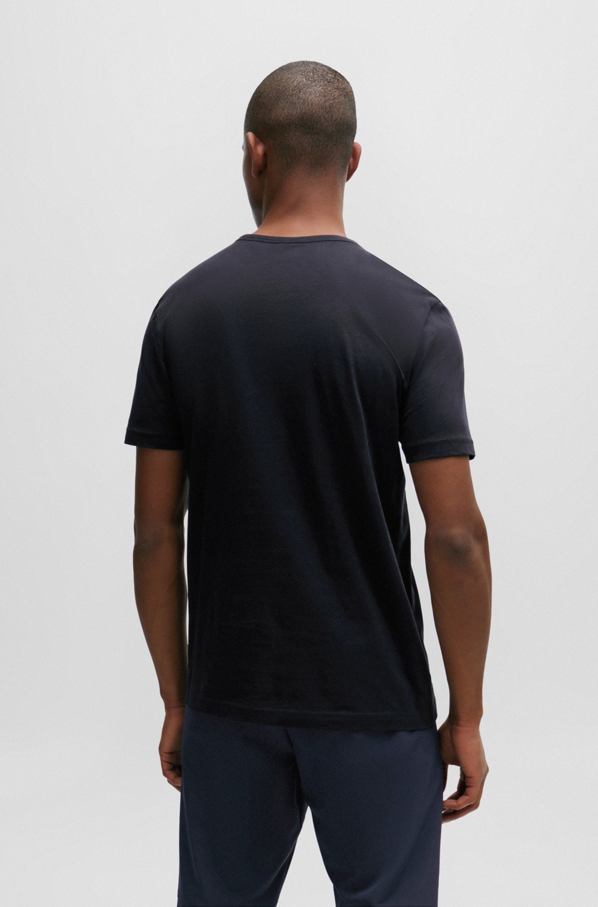 Cotton-jersey T-shirt with curved logo, Dark Blue
