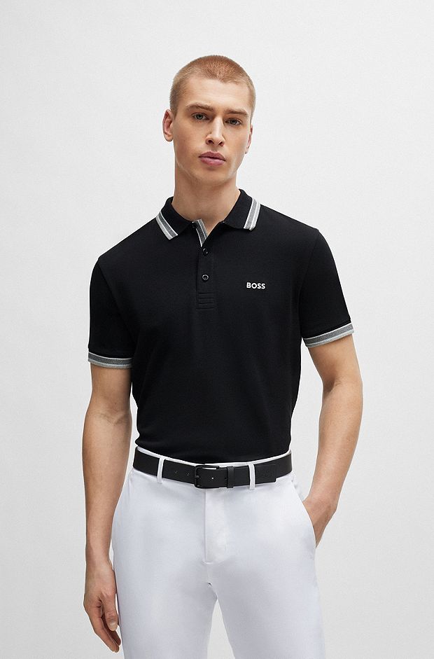 Poloshirt aus Bio-Baumwolle mit kontrastfarbenen Logo-Details, Schwarz