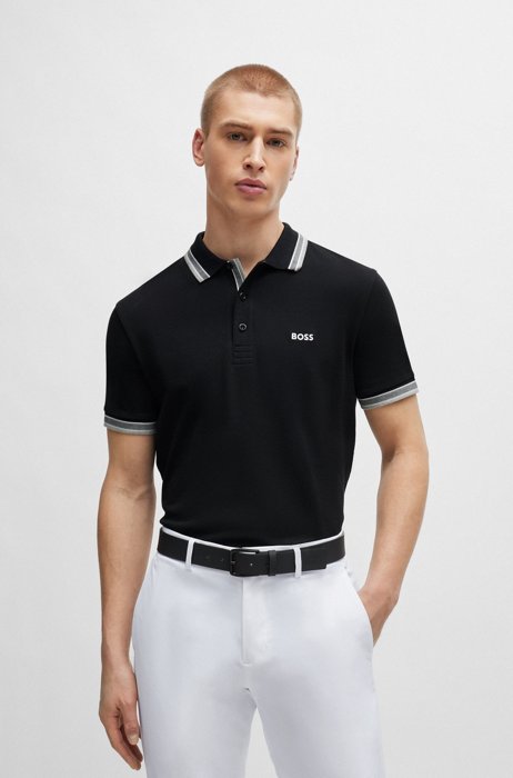Organic-cotton polo shirt with contrast logo details, Black