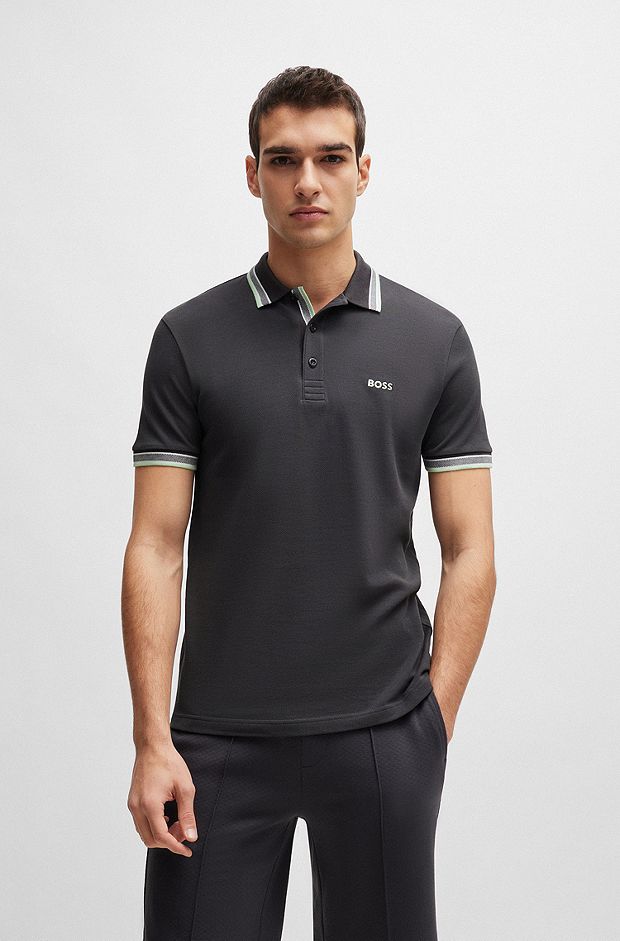 Cotton-piqué polo shirt with contrast logo, Dark Grey