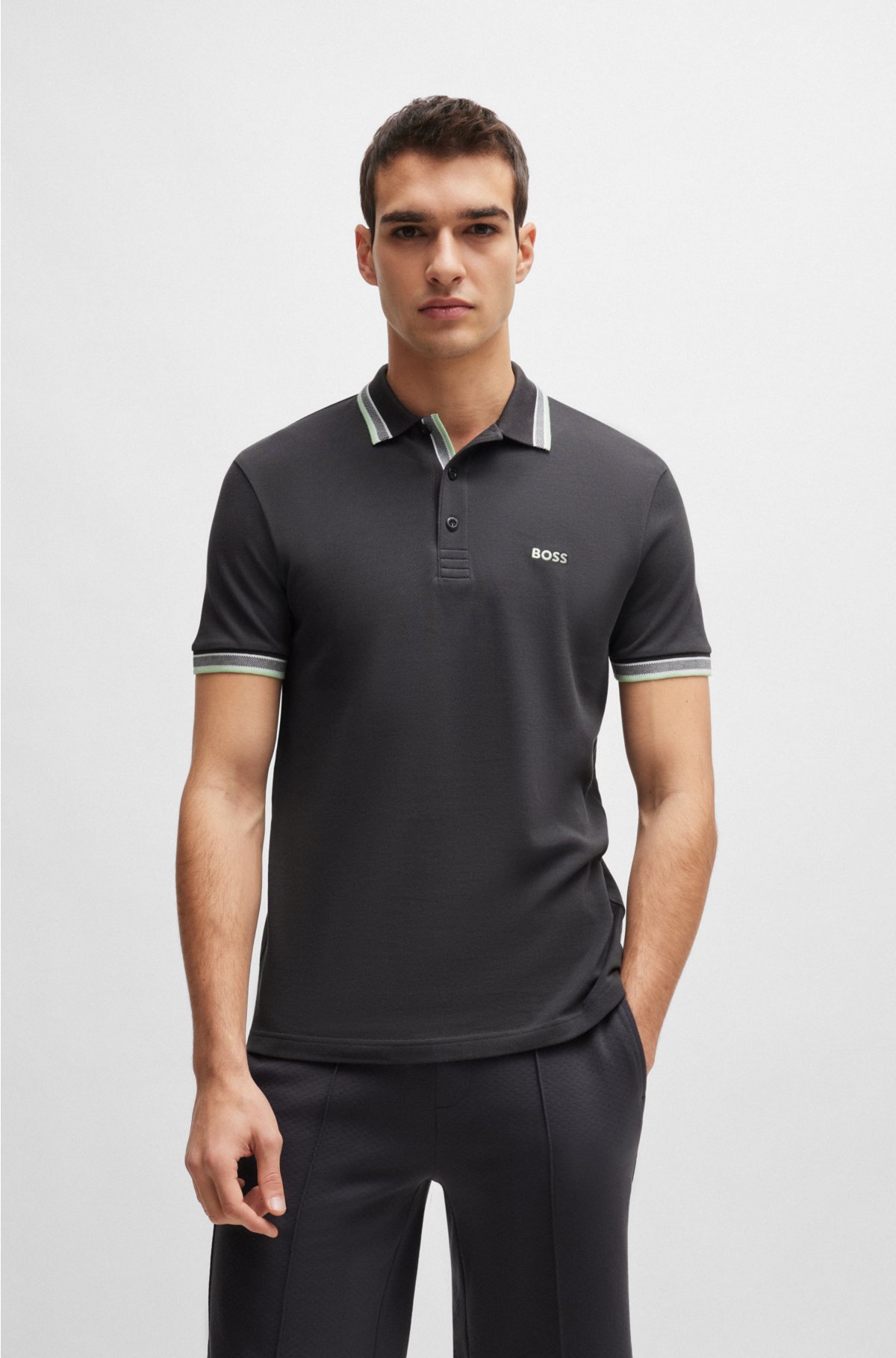 Cotton-piqué Paddy polo shirt with contrast logo, Dark Grey
