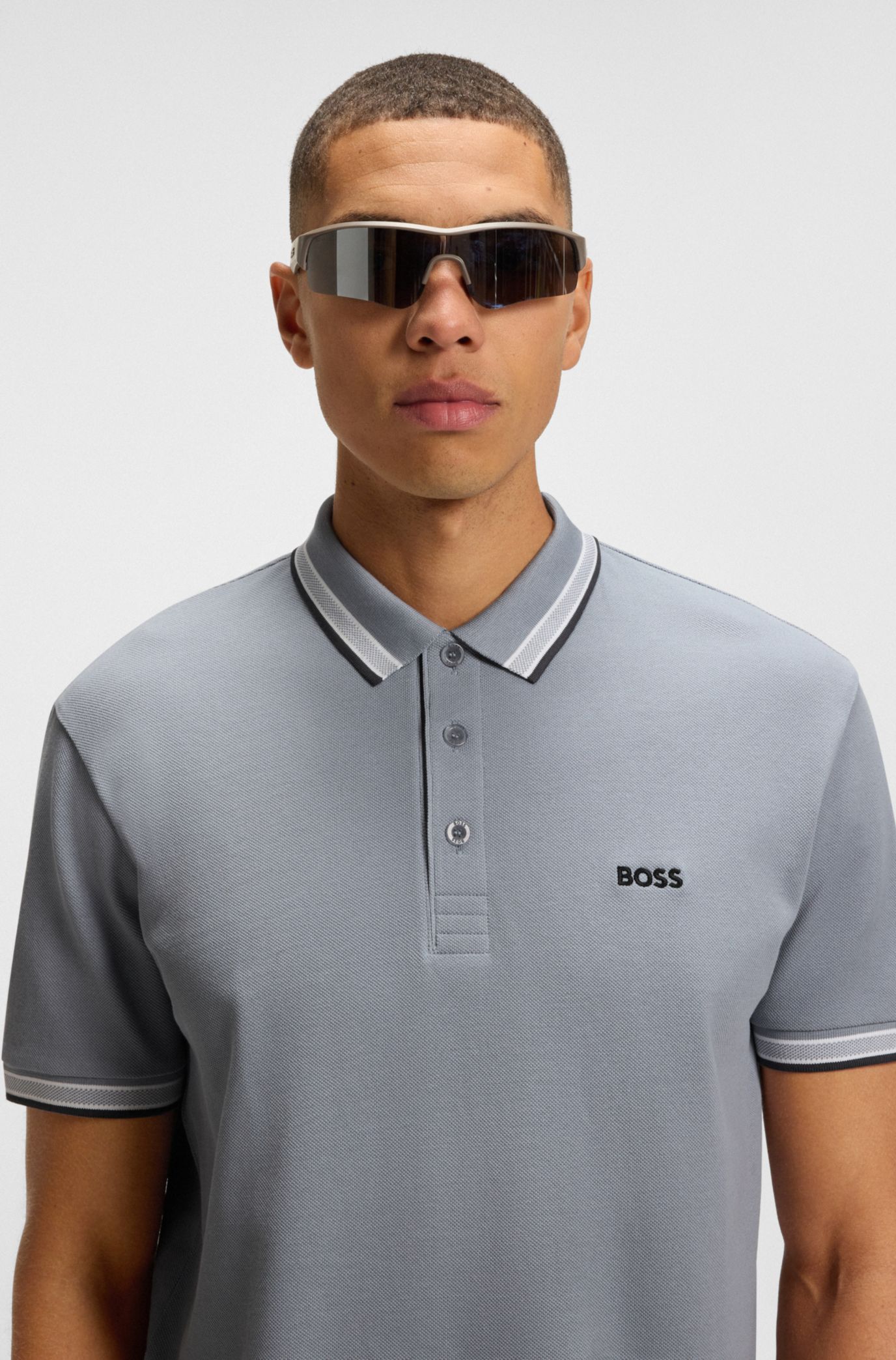 ★Hugo Boss★ロゴアンダーカラーコットンピケ Paddy ポロシャツ BOSS - Paddy ポロシャツ コットンピケ ロゴアンダーカラー - グレー