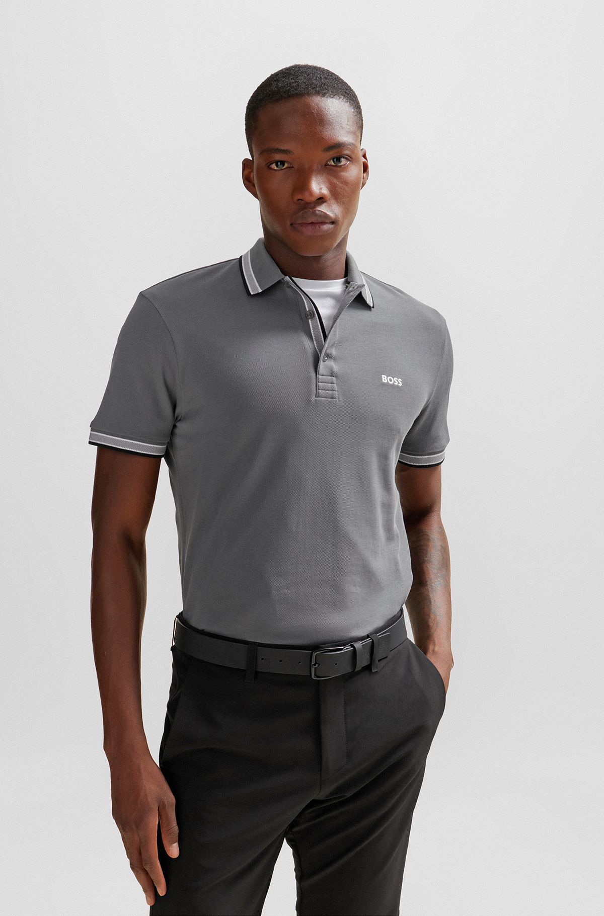 Cotton polo shirt with contrast logo details, Grey