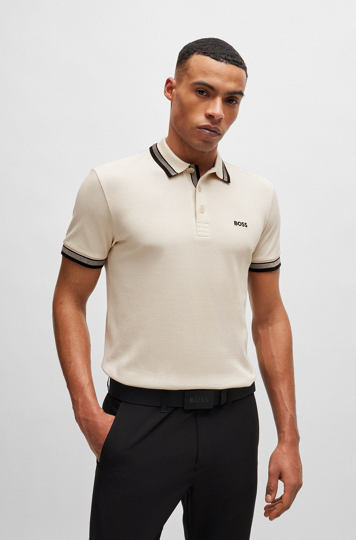 Cotton-piqué polo shirt with contrast logo, Natural