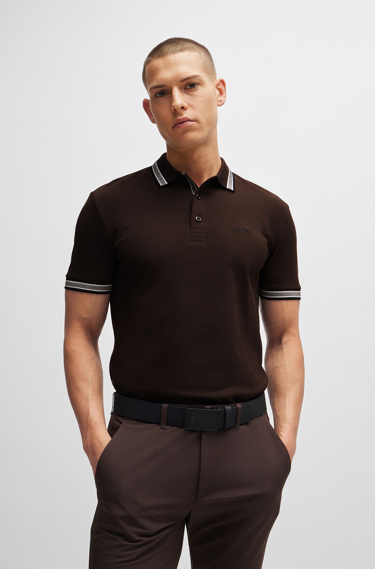 Cotton-piqué polo shirt with contrast logo, Dark Brown