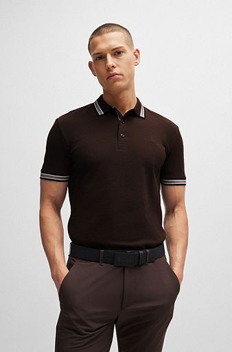 Cotton-piqué polo shirt with contrast logo, Dark Brown