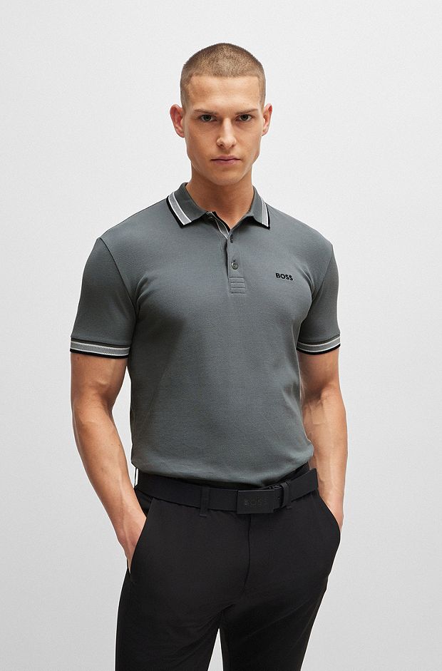 Cotton-piqué polo shirt with contrast logo, Grey