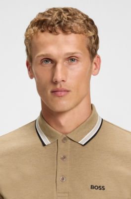 Cotton piqu&eacute; polo shirt with logo details, Beige