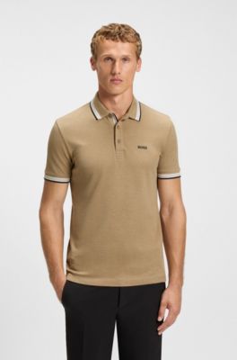 Cotton piqu&eacute; polo shirt with logo details, Beige