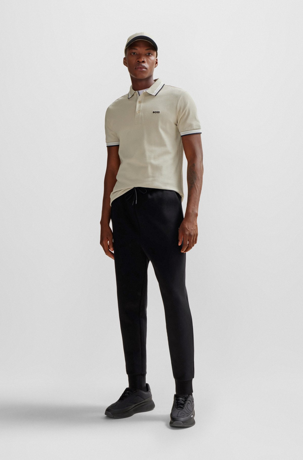 Cotton polo shirt with contrast logo details, Natural