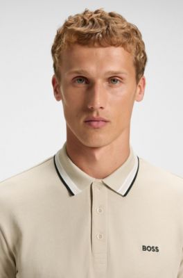 Contrast-tipped polo shirt in cotton piqu&eacute;, Light Beige