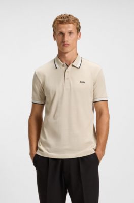 Contrast-tipped polo shirt in cotton piqu&eacute;, Light Beige
