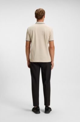 Contrast-tipped polo shirt in cotton piqu&eacute;, Light Beige