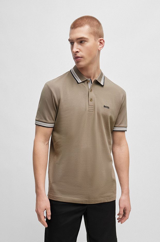 Cotton-piqué polo shirt with contrast logo, Khaki