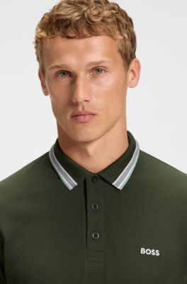 Contrast-tipped polo shirt in cotton piqu&eacute;, Dark Green
