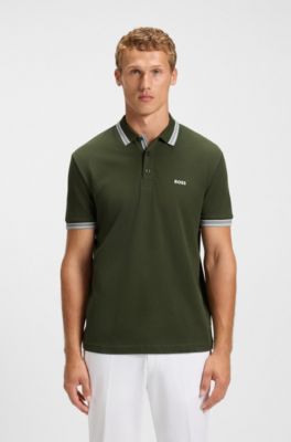 Contrast-tipped polo shirt in cotton piqu&eacute;, Dark Green