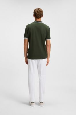 Contrast-tipped polo shirt in cotton piqu&eacute;, Dark Green