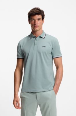 Contrast-tipped polo shirt in cotton piqu&eacute;, Light Green
