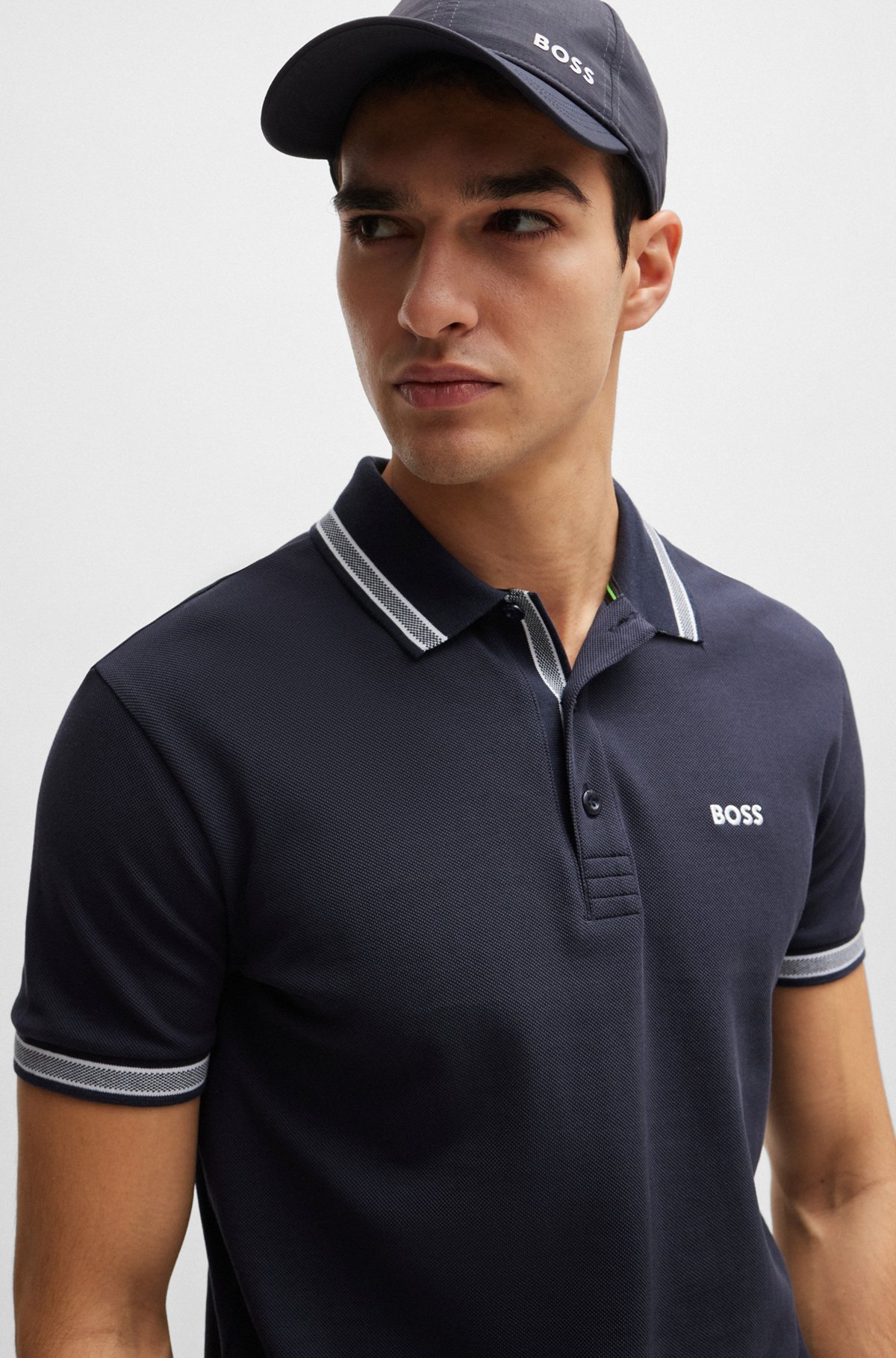 Cotton polo shirt with contrast logo details, Dark Blue