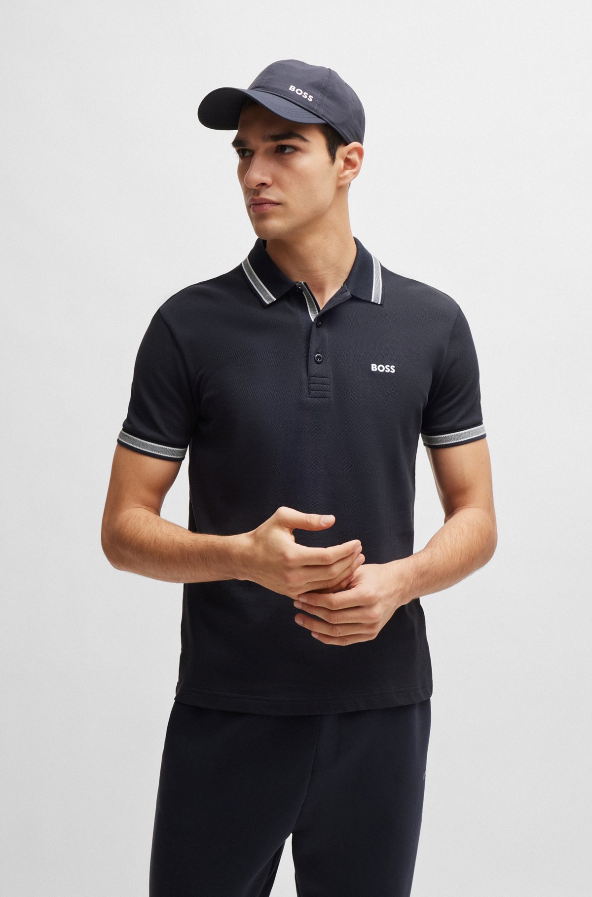 Cotton-piqué polo shirt with contrast logo, Dark Blue