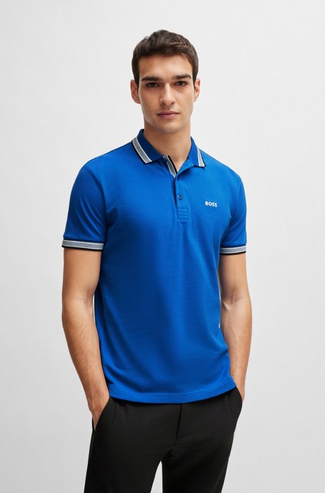 Organic-cotton polo shirt with contrast logo details, Blue