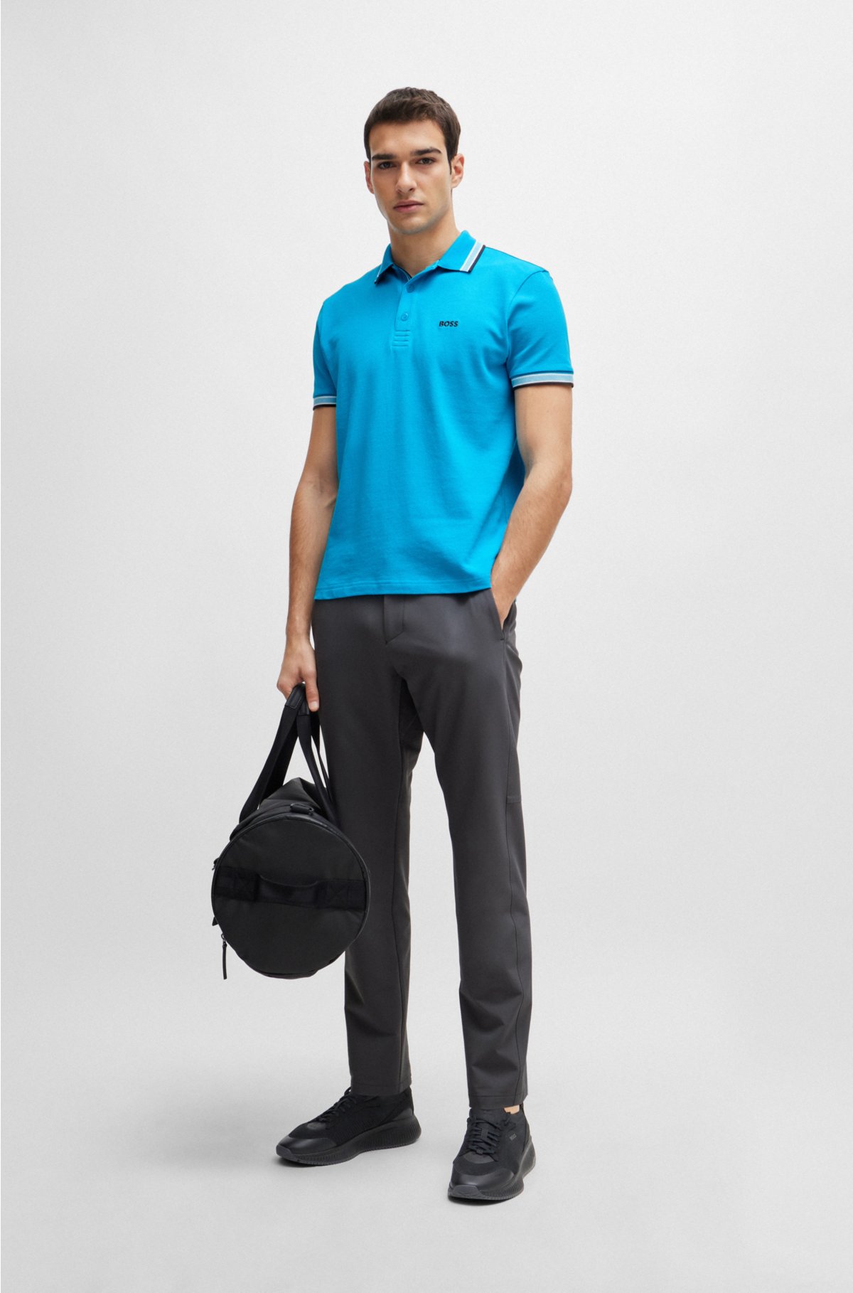 Cotton-piqué polo shirt with contrast logo, Turquoise