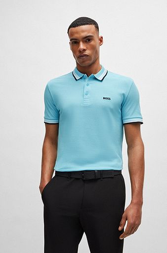 Cotton-piqué polo shirt with contrast logo, Turquoise