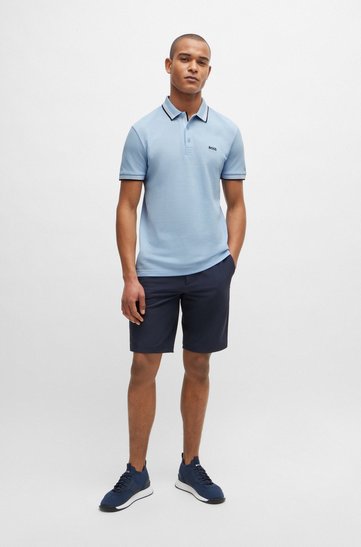 Cotton polo shirt with contrast logo details, Light Blue