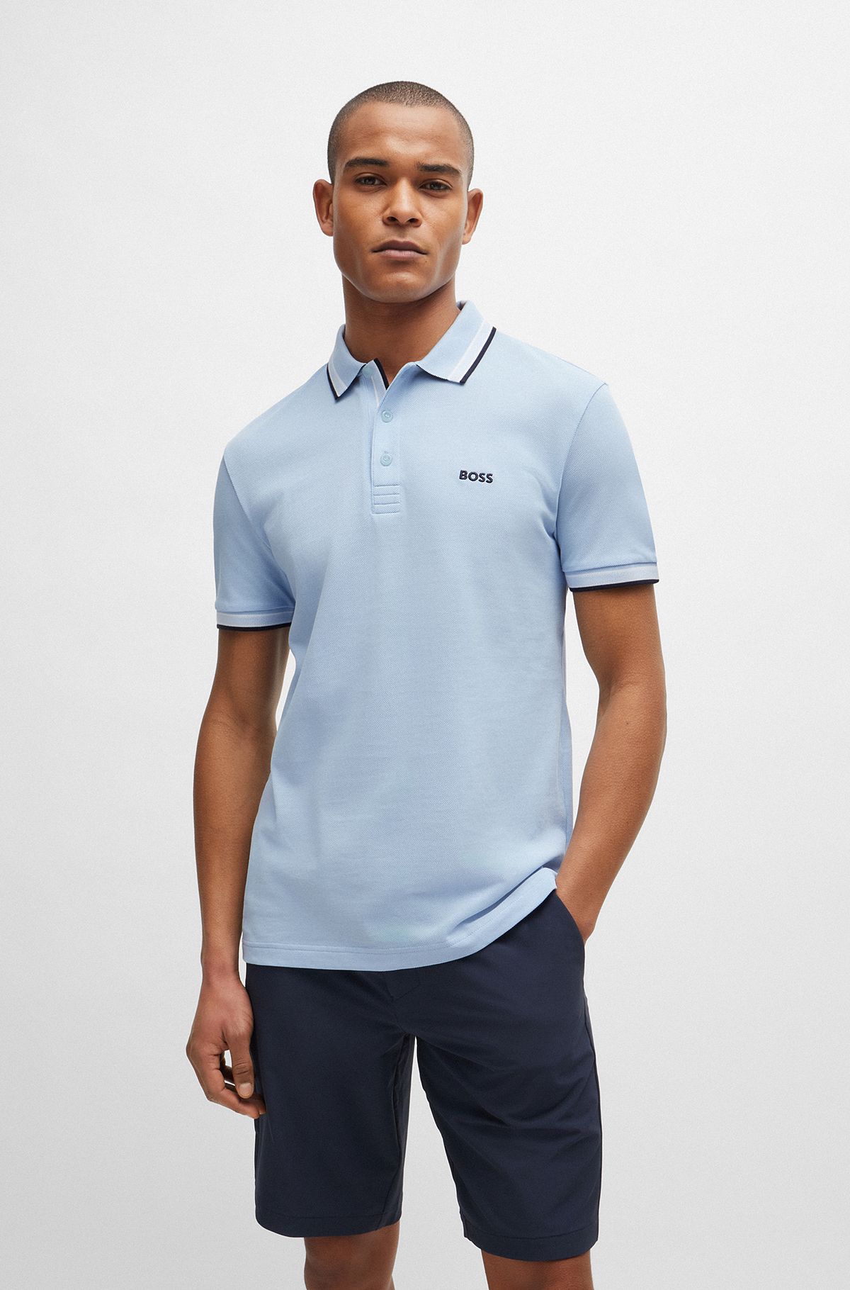 Cotton-piqué polo shirt with contrast logo, Light Blue