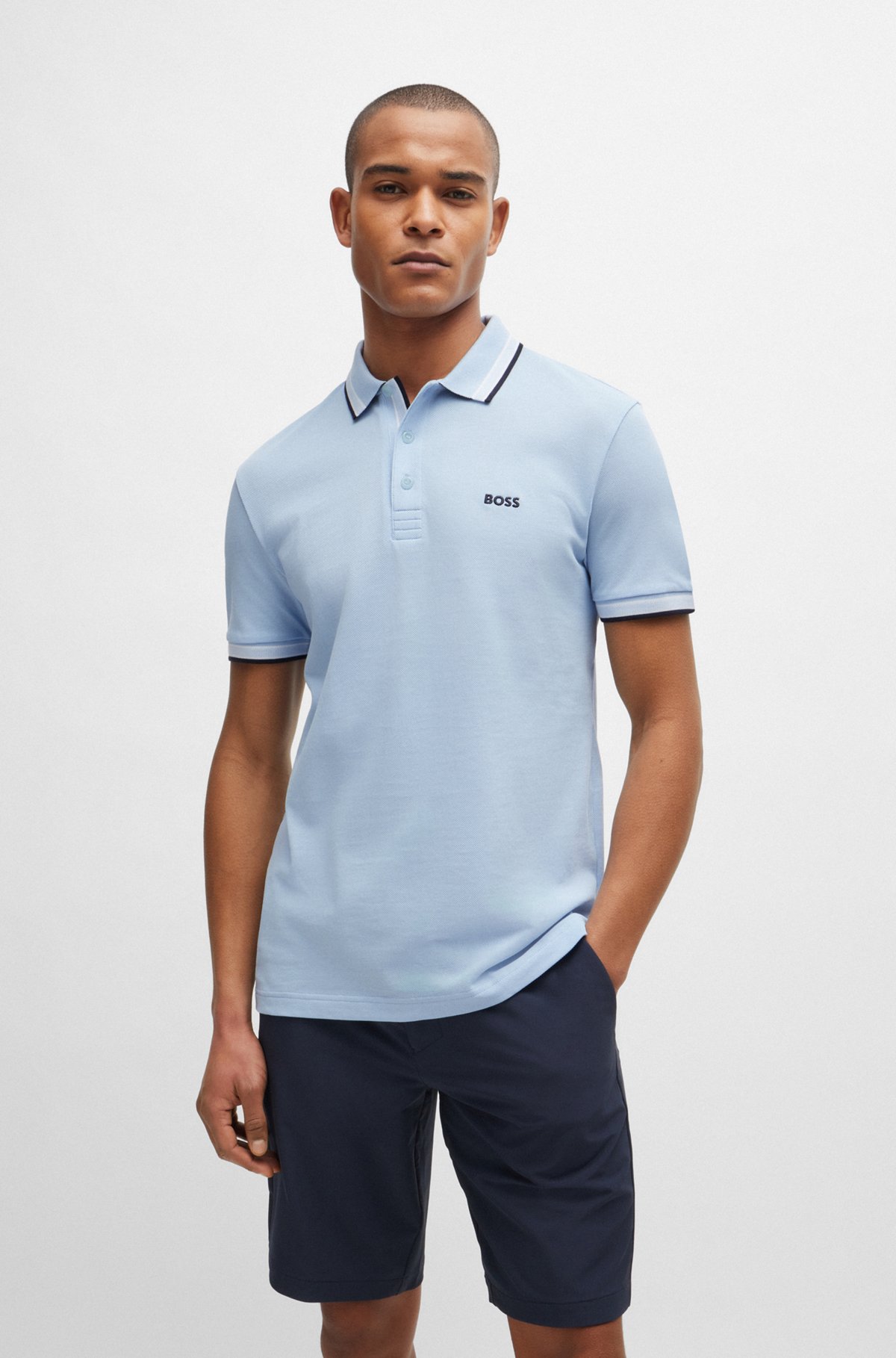 Cotton polo shirt with contrast logo details, Light Blue